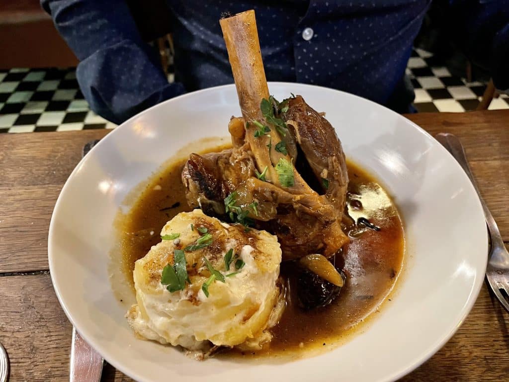 A bone-in lamb shank and mashed potatoes on a plate.