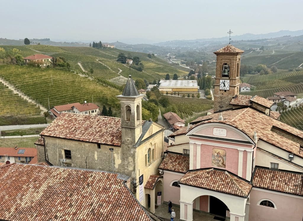A pretty Italian hill town with church towers peeking over the vineyard-covered countryside.