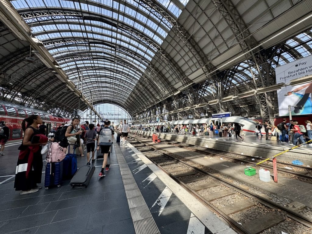 Frankfurt's train station, with a curved roof with windows in it that brings light into the room.