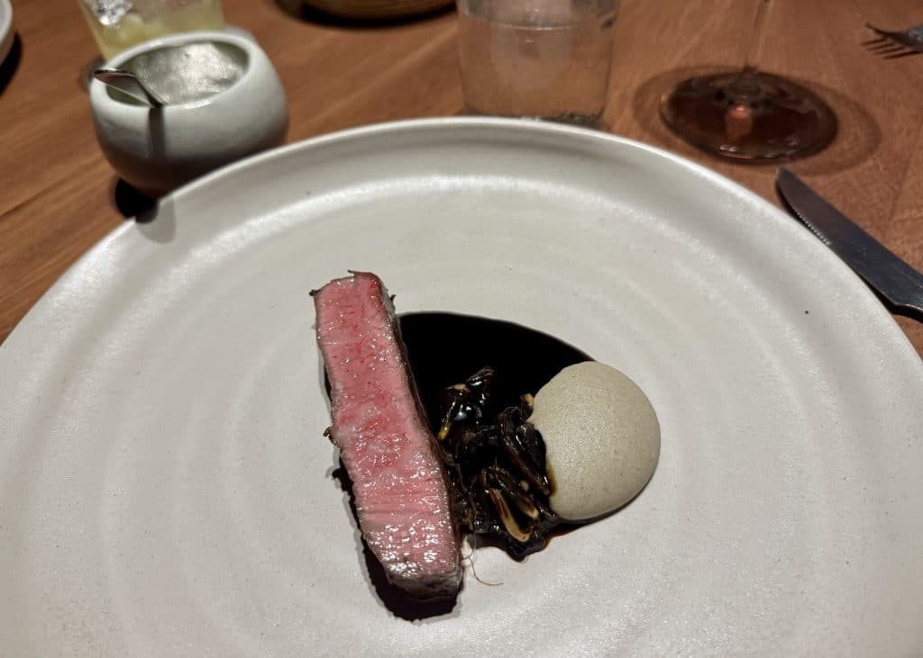 A plate with a piece of rare steak and dark brown mole sauce.