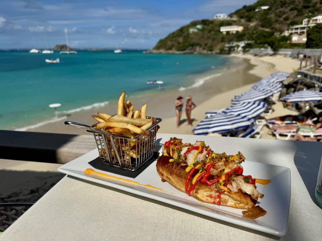 A lobster roll and basket of fries in the foreground, and a beach in the background.