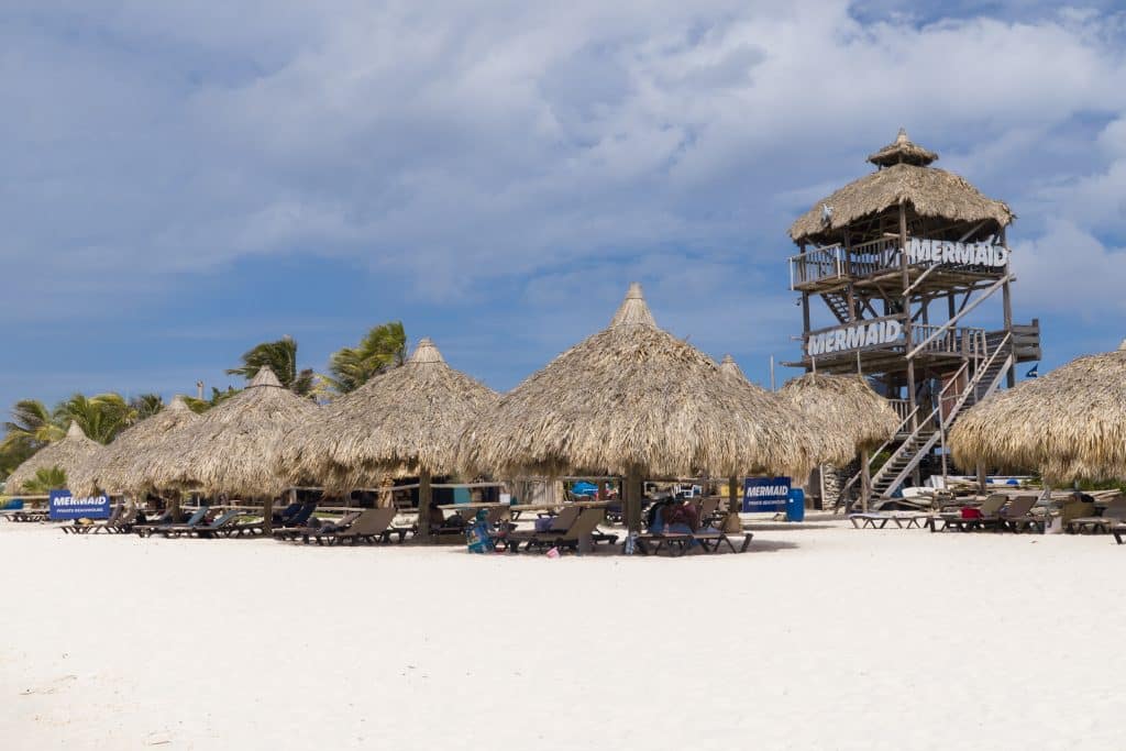Several palaces on a beach and a tall watch tower with a sign reading Mermaid Tours.