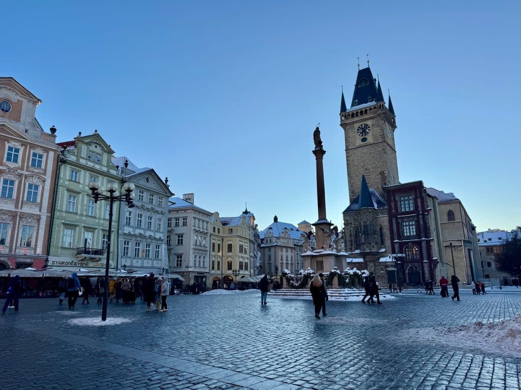 Prague's Old Town Square on a dark winter day.