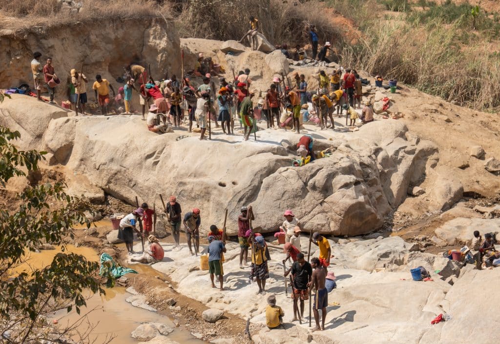 A large group of people panning and mining for gold on a rocky outcropping in Madagascar. People are holding tall wooden sticks and banging the earth.