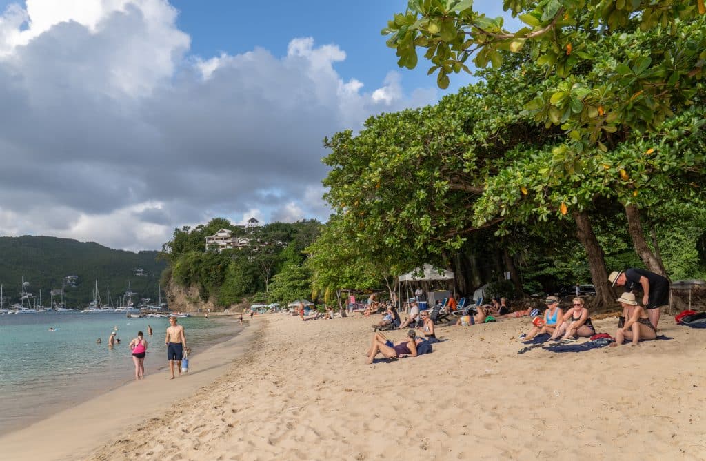A long sandy beach with lots of shade from leafy trees, and beautiful homes built on cliffs in the distance.