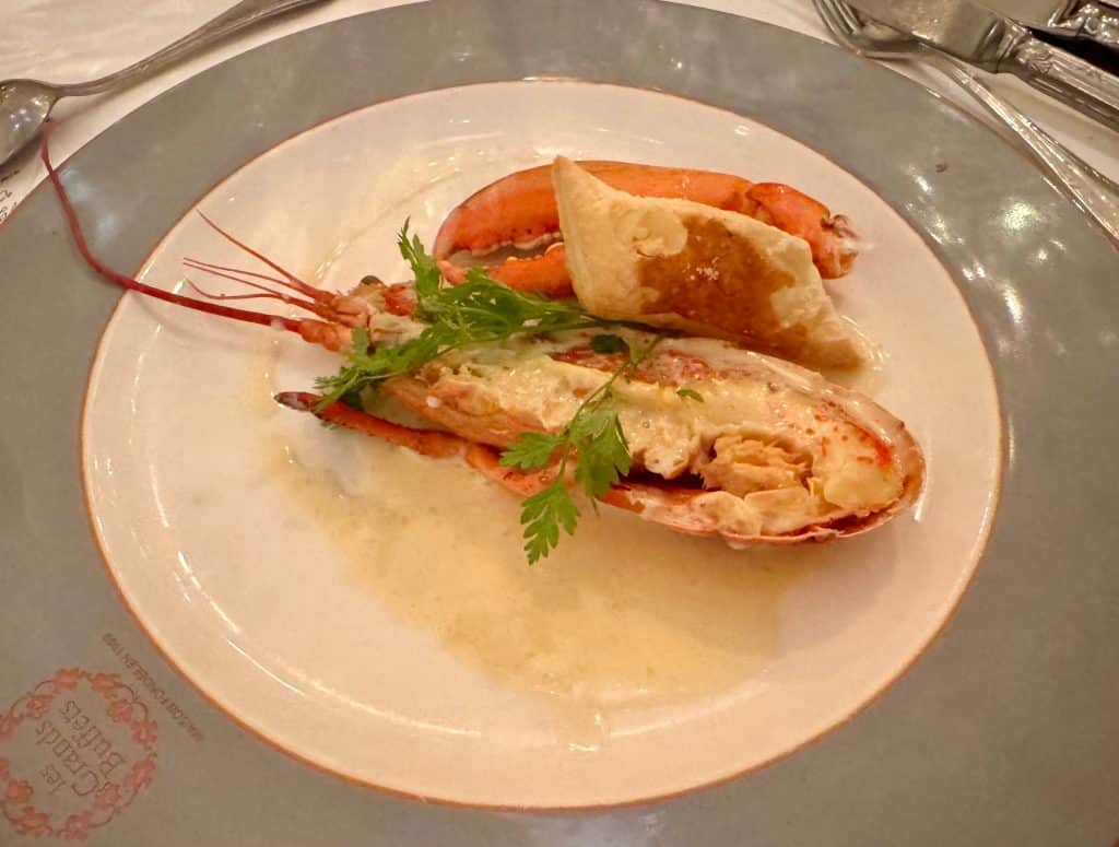 Half a lobster on a plate with a cream sauce drizzled on top.