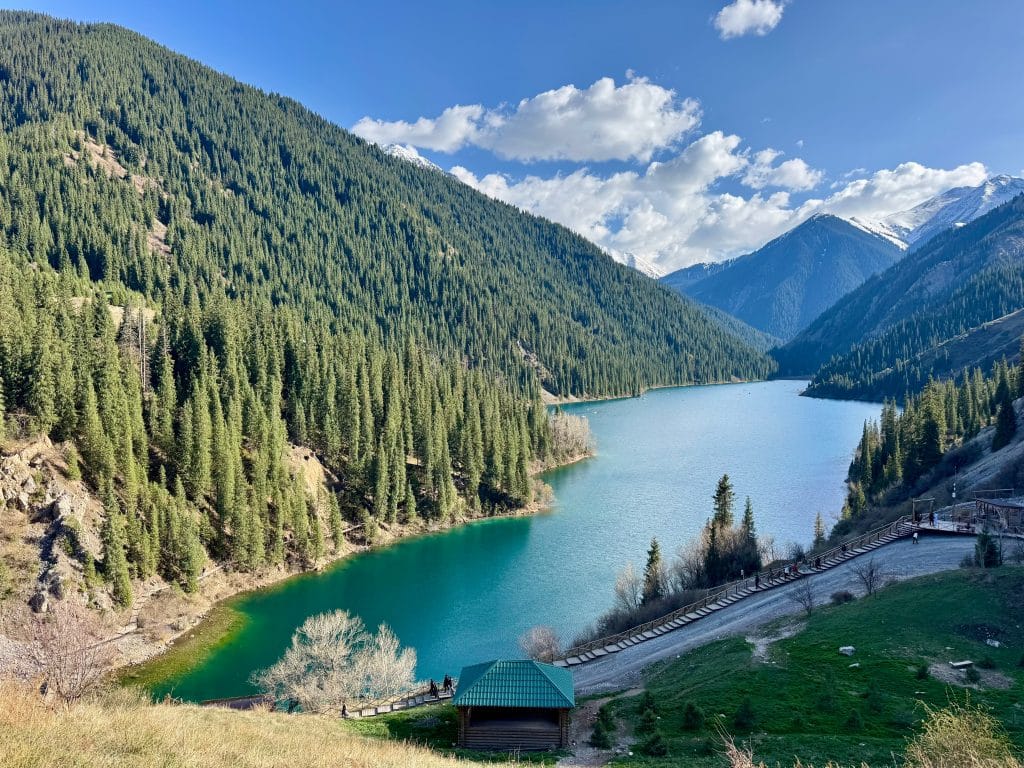 A beautiful deep teal lake surrounded by mountains covered with pine trees.